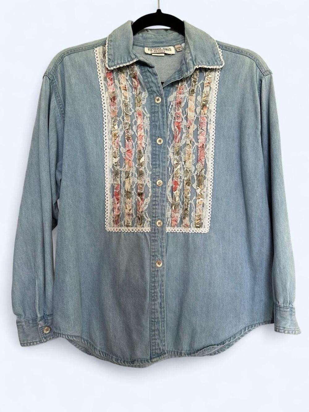 VTG Victoria Jones Denim Button Up Shirt Lace Bib Floral Prairie Cottagecore SP